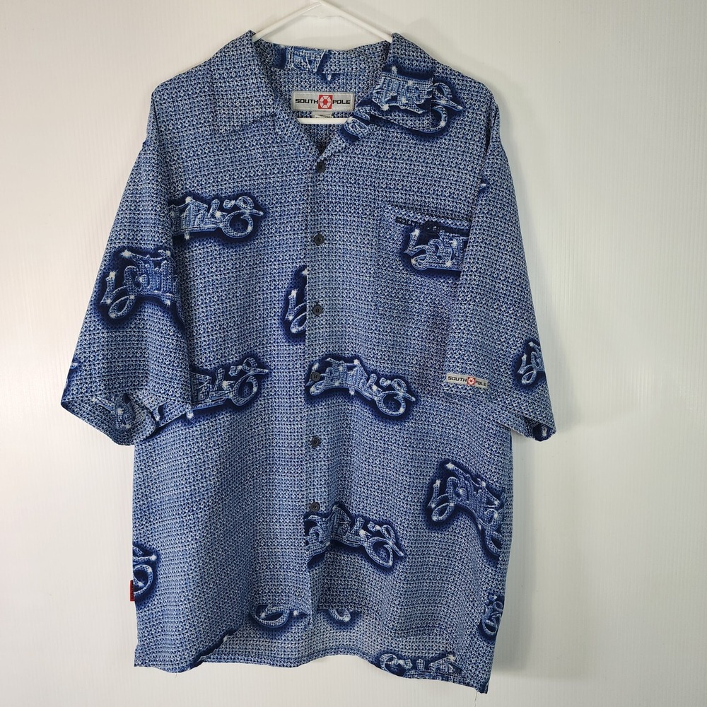 Southpole Shirt Mens Large‎ Blue White Short Sleeve Casual 100% Polyester Pocket
